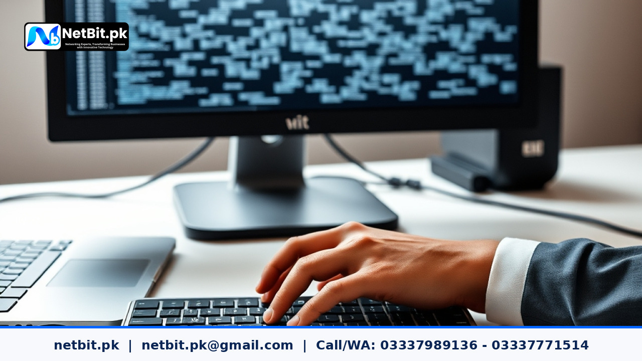 A software engineer working at an office workstation designing web application security architectures