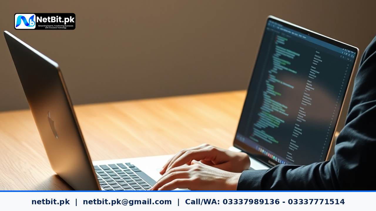 Web developer implementing structured JSON-LD schema markup code on a laptop in a modern Pakistani office