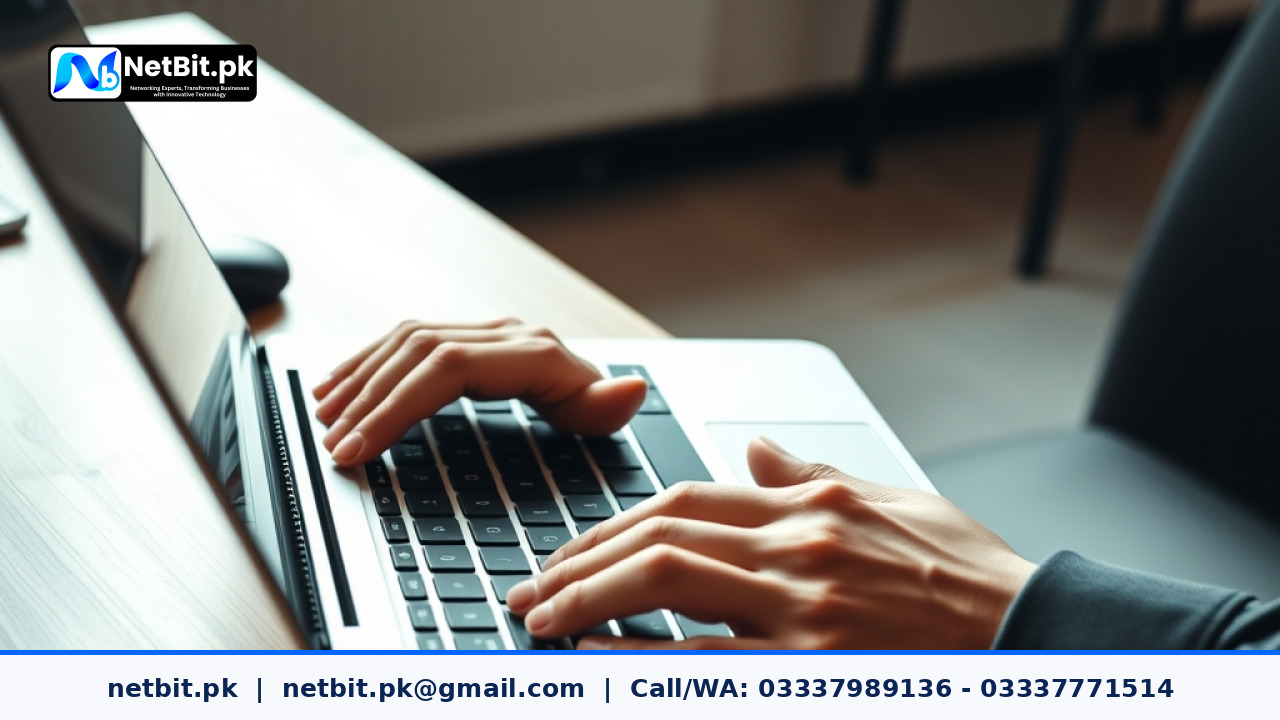 A software developer typing on a laptop with web application wireframes displayed on screen in a modern office setup | NetBit Software House and Technology | netbit.pk