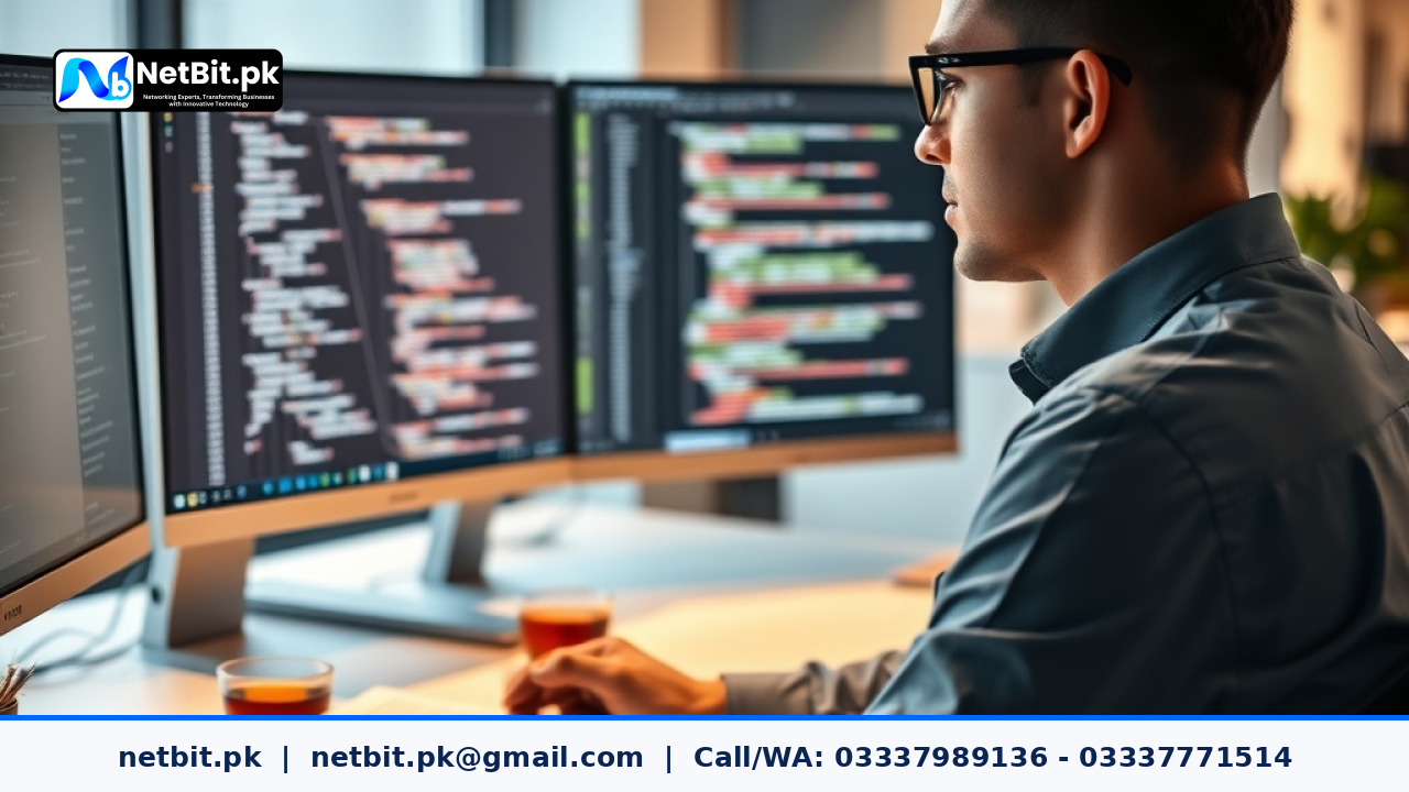 A professional software developer analyzing database tables and clean code structure on a dual-monitor setup in a modern office.