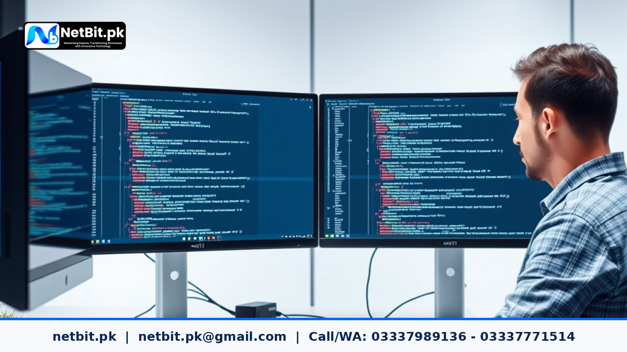Clean workspace showing a developer writing web development code on dual monitors