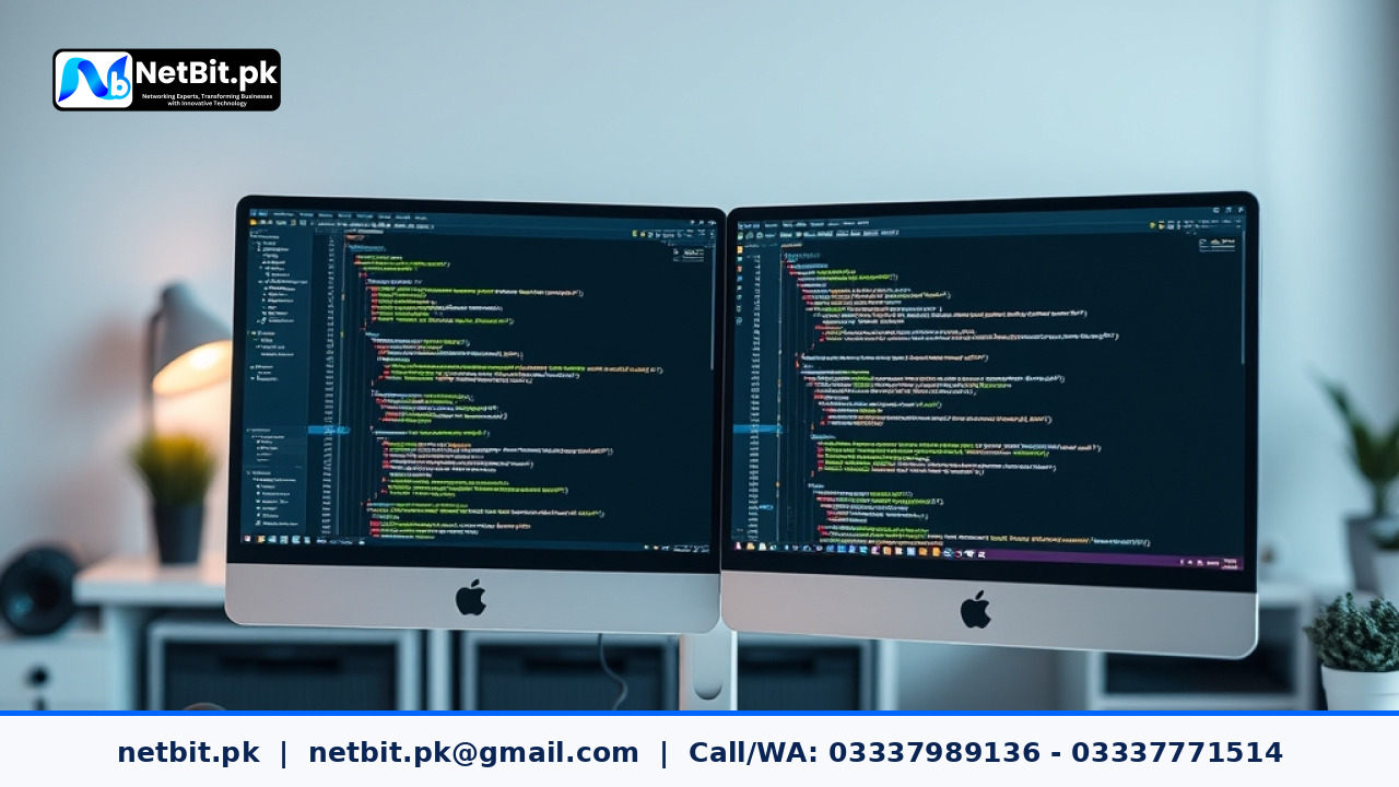 A professional web developer writing clean CSS code for a sticky navigation bar on a modern dual-monitor workstation.
