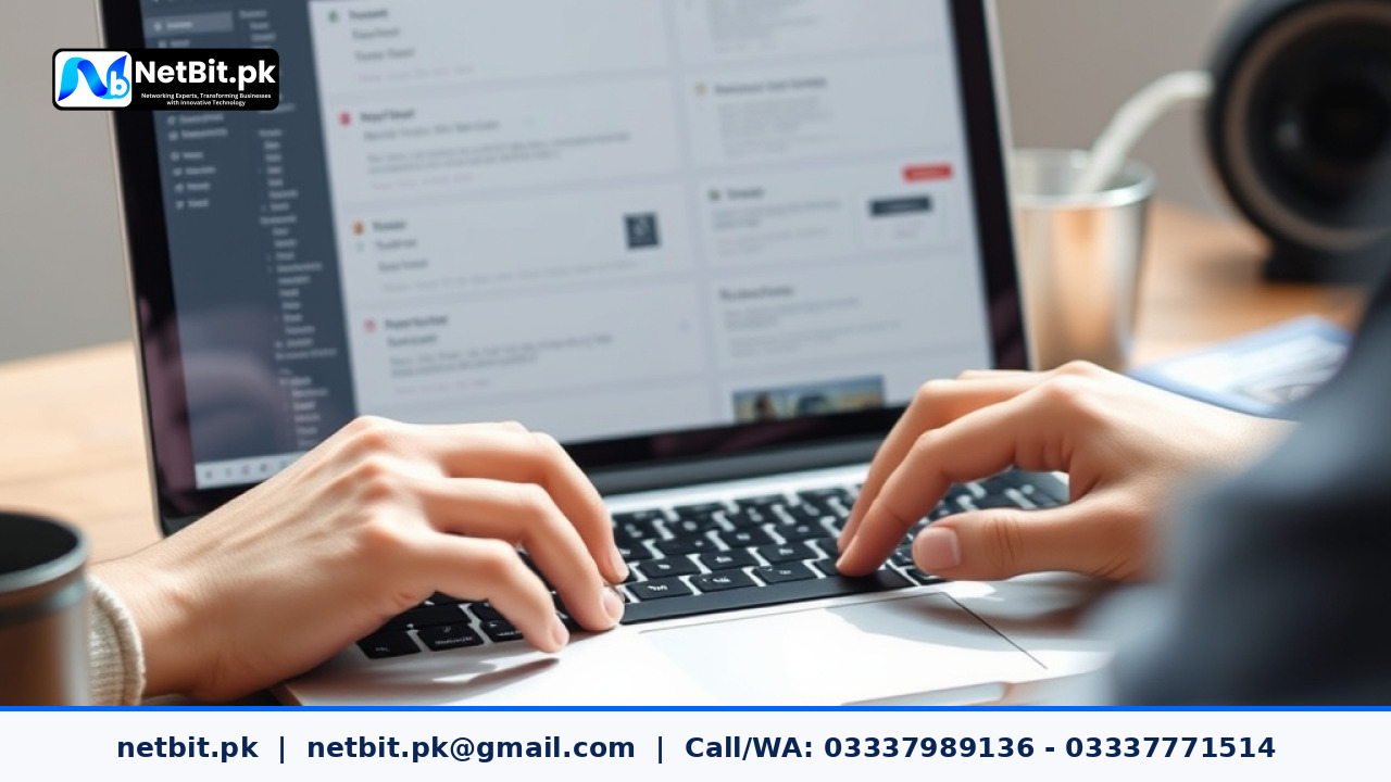 Close-up of a designer working on web UI UX wireframes on a modern laptop | NetBit Software House and Technology | netbit.pk