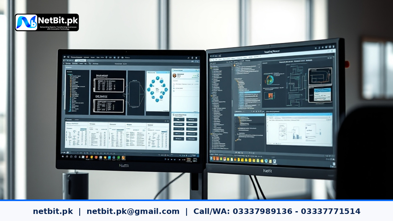 A software engineer working at a desk reviewing clean application code and error handling logic on high-resolution monitors.