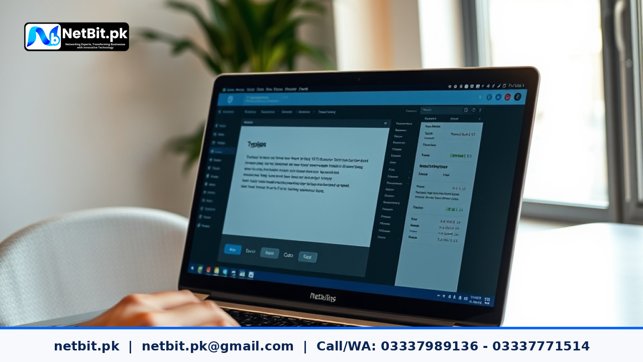 Designer working on web typography and tracking settings on an office laptop | NetBit Software House and Technology | netbit.pk