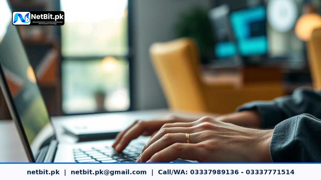 Developer writing code on a laptop screen in a modern office setup | NetBit Software House and Technology | netbit.pk