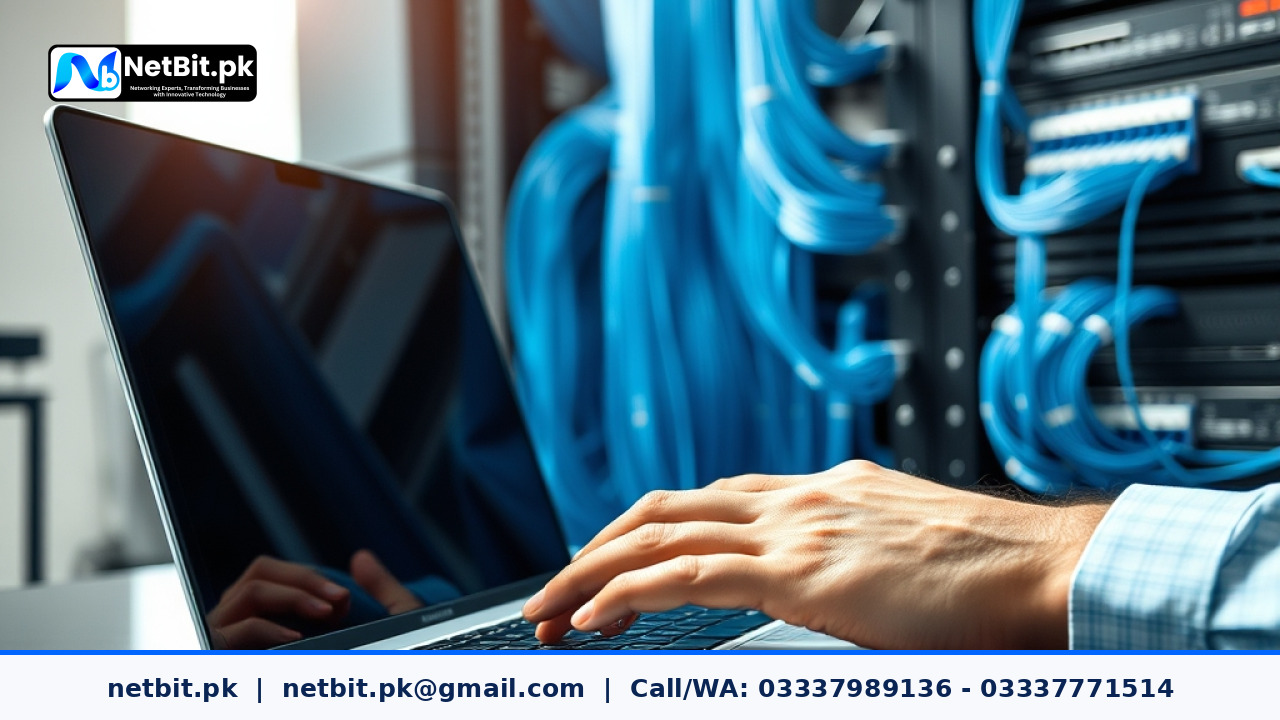 A professional software developer working on a laptop in a clean office with networking equipment in the background | NetBit Software House and Technology | netbit.pk