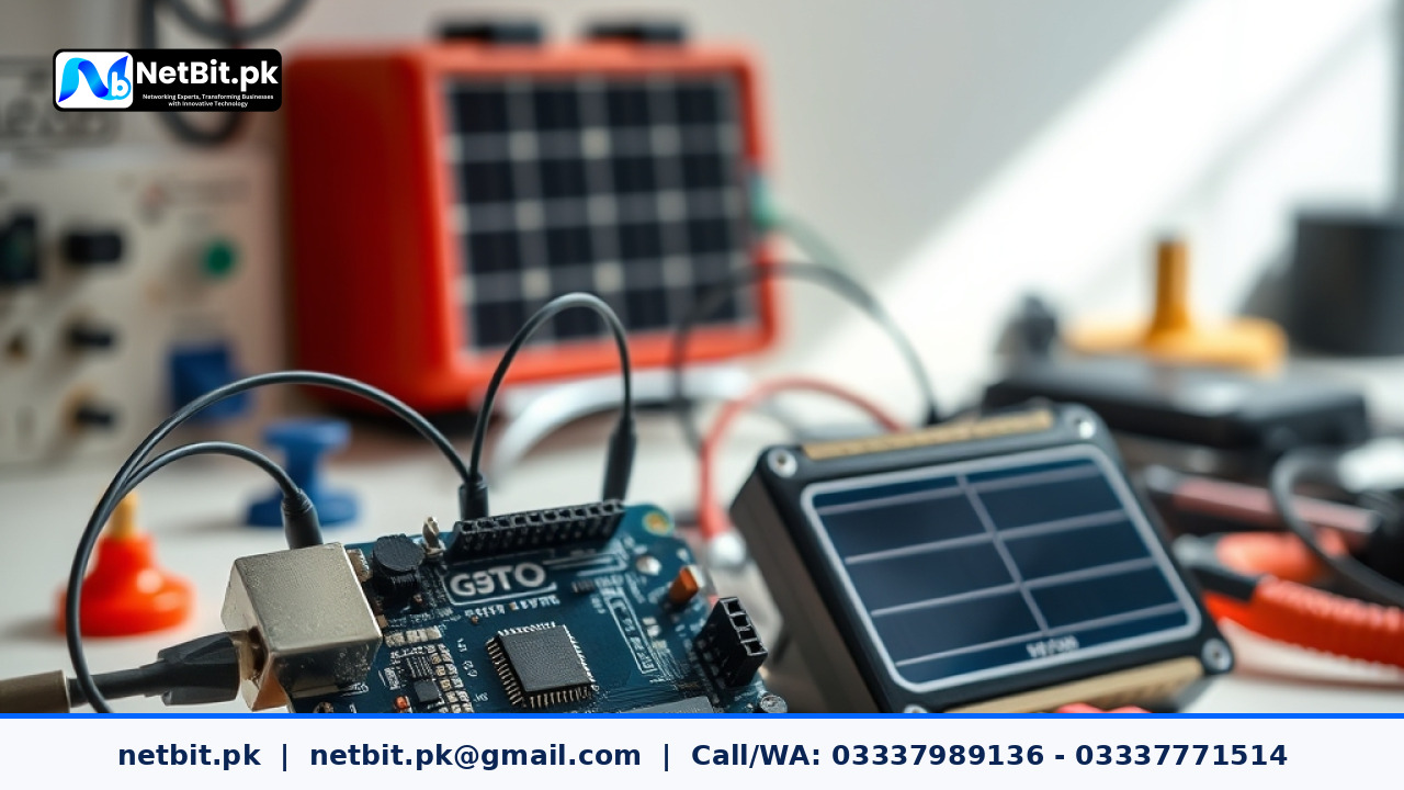 An Arduino microcontroller connected to a custom solar charge controller circuit on a workbench