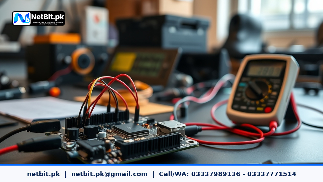 Close-up view of a microcontroller and electronic components on a workbench during a custom hardware project build