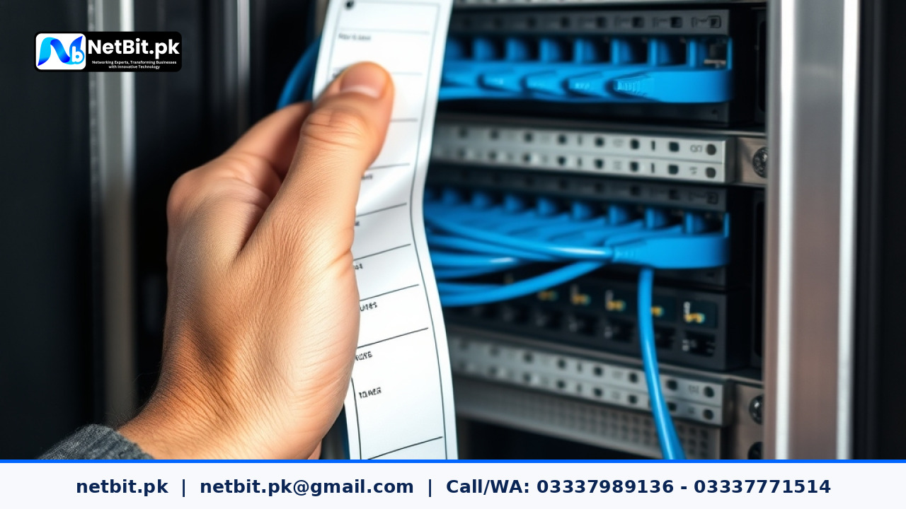 A technician applying self-laminating wrap labels to Cat6 cables connected to a patch panel in a business network rack. | NetBit Software House and Technology | netbit.pk