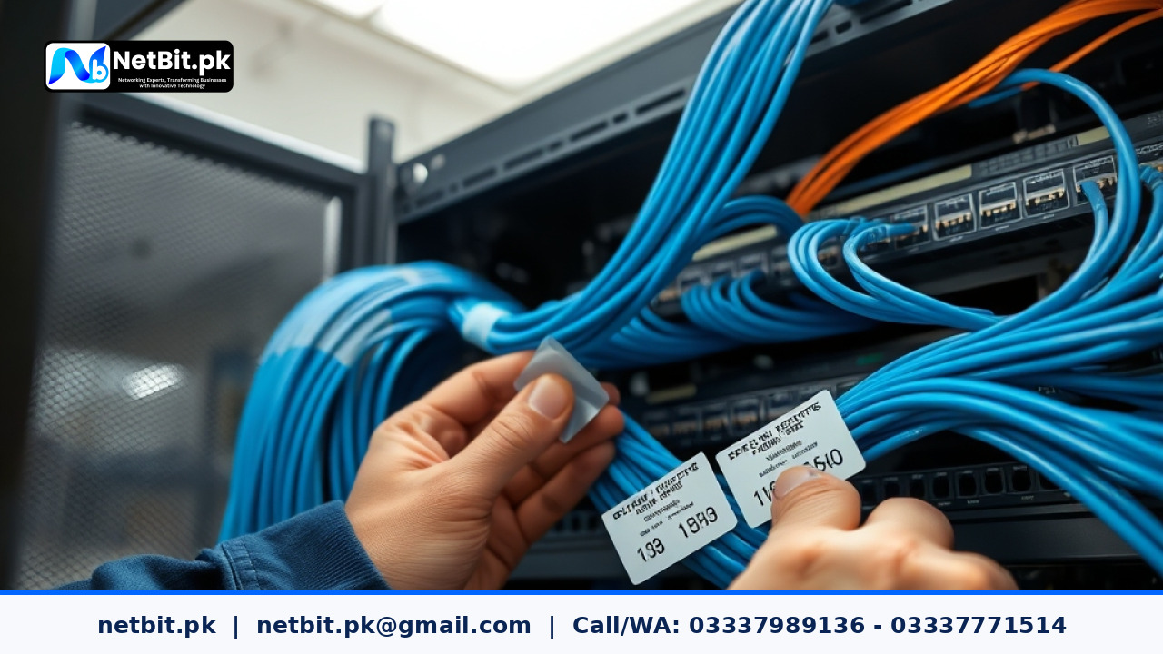 Close-up of a technician labeling structured network cables in an office server rack | NetBit Software House and Technology | netbit.pk