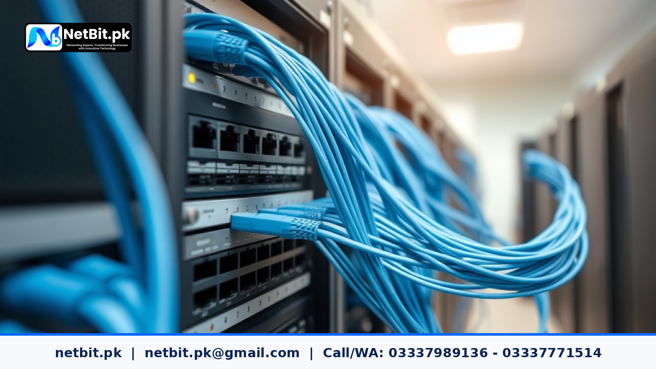 Cleanly organized network switches and Cat6 data cables in an office IT rack