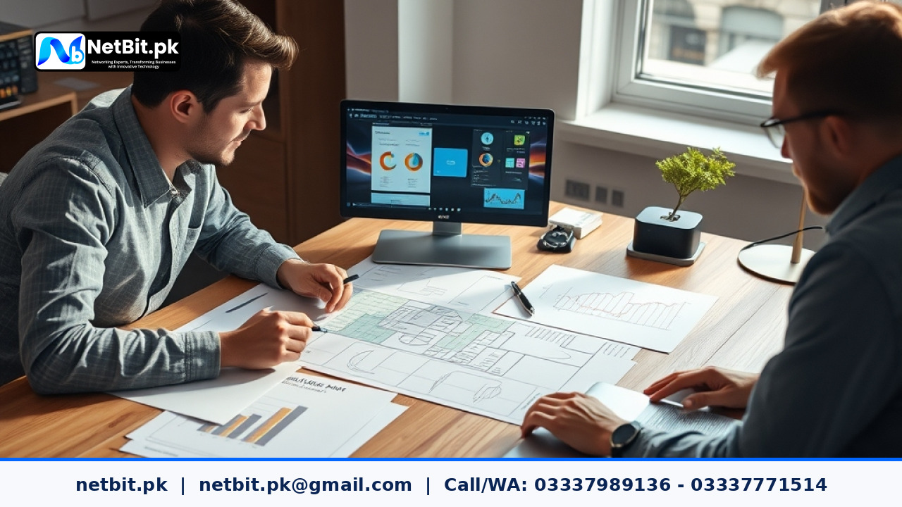 Software engineering team reviewing backlog tasks on computer screens in an office | NetBit Software House and Technology | netbit.pk