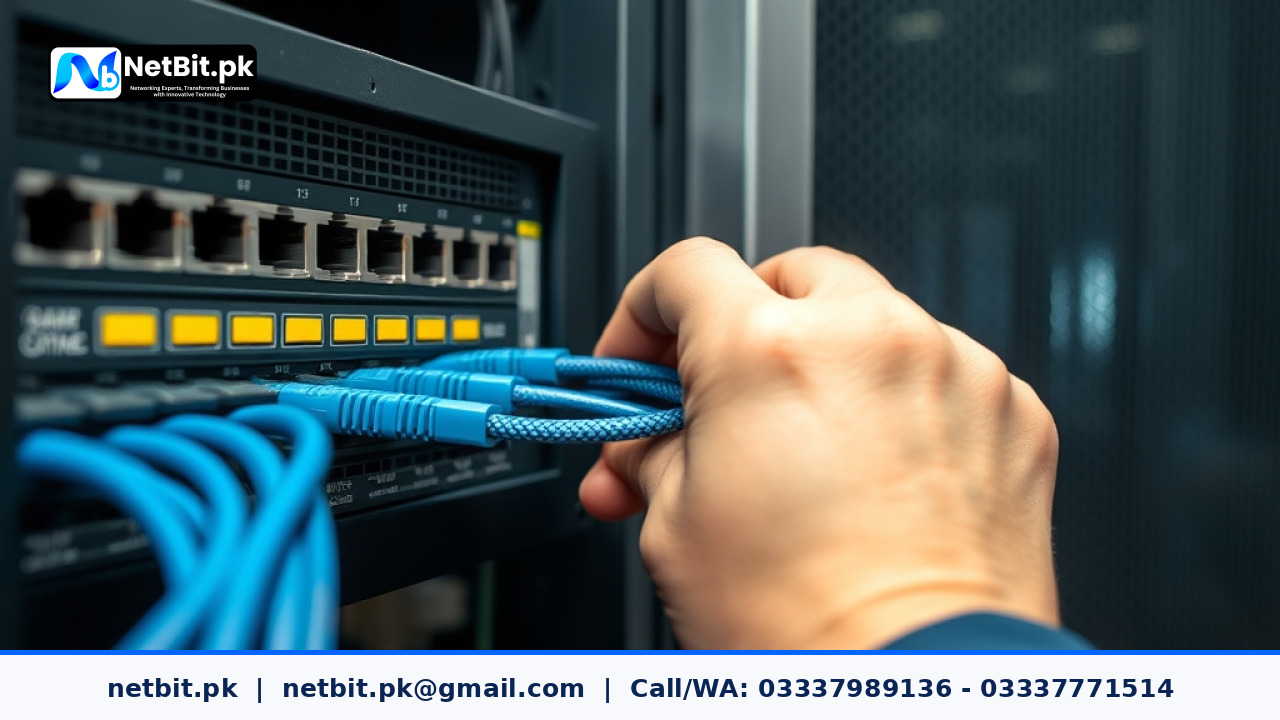A technician's hands organizing Cat6 cables and checking a backup server in a professional office environment. | NetBit Software House and Technology | netbit.pk
