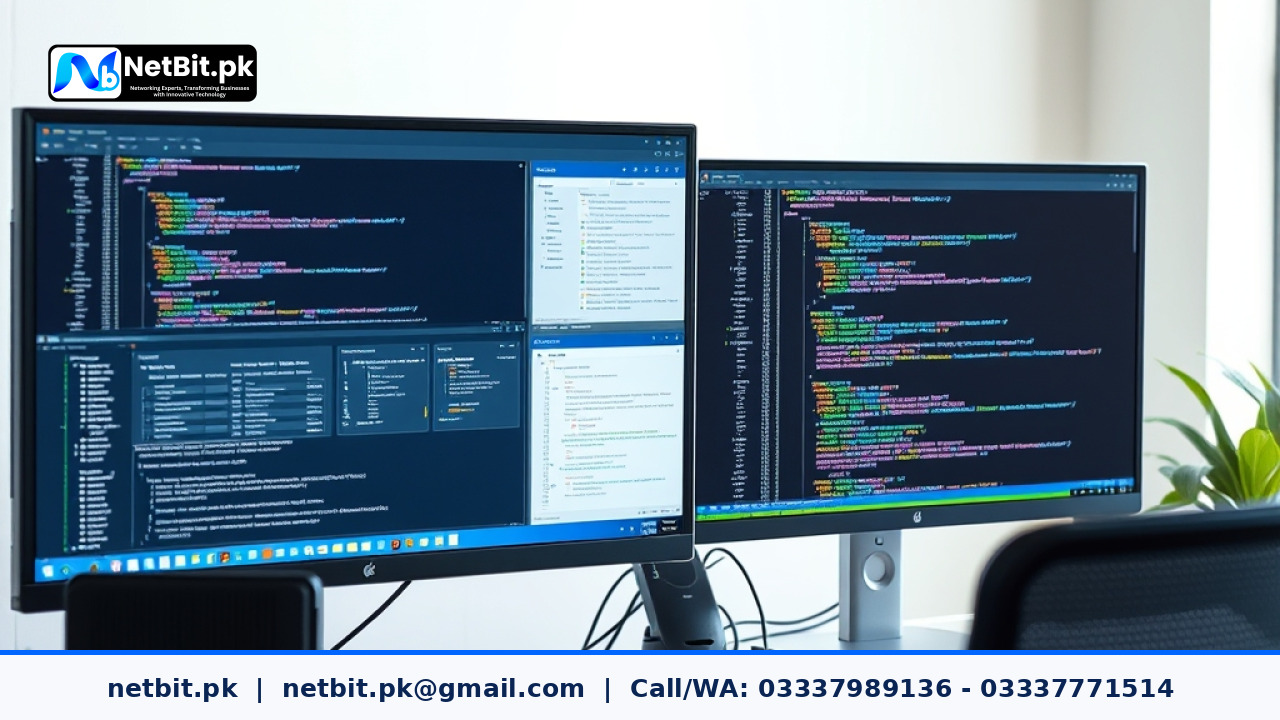 Developer working on database query optimization and software code on multiple monitors