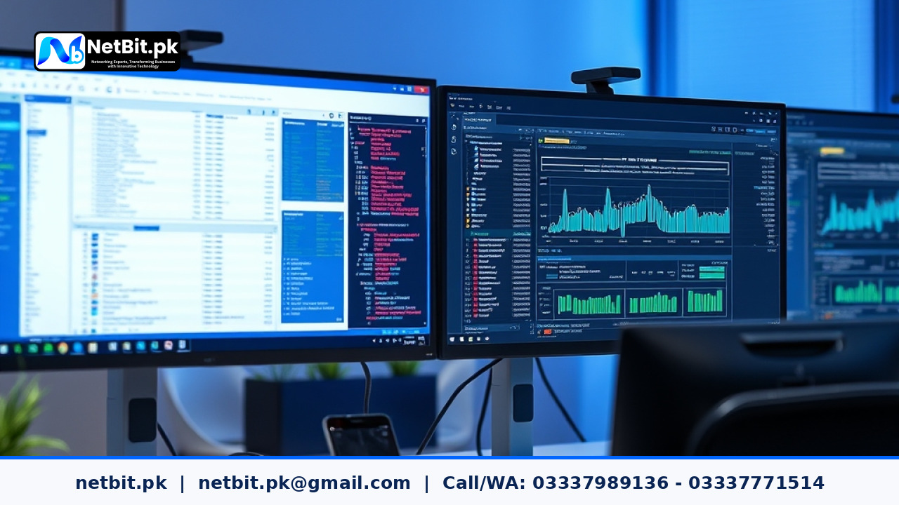 Clean, modern server room environment showing automated software deployment and database migration monitoring on professional screens.