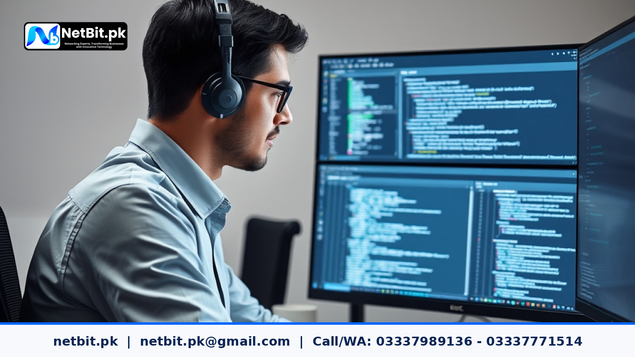 Developer working on database migration scripts on dual computer monitors in a clean software development office