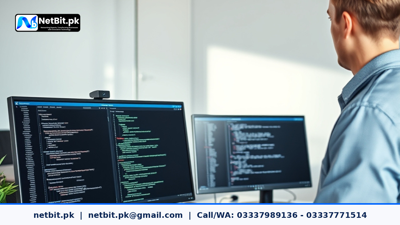 Developer working on database migration scripts for software deployment on dual computer monitors