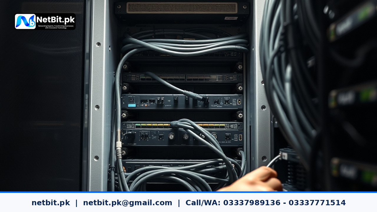 A technician working on a server rack with organized cabling and a laptop open, showcasing professional IT maintenance.