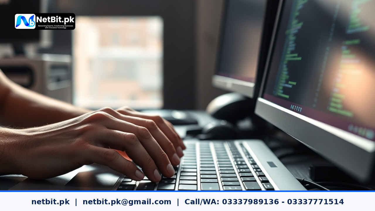 Developer hands typing code on an aluminum laptop in a modern office setup