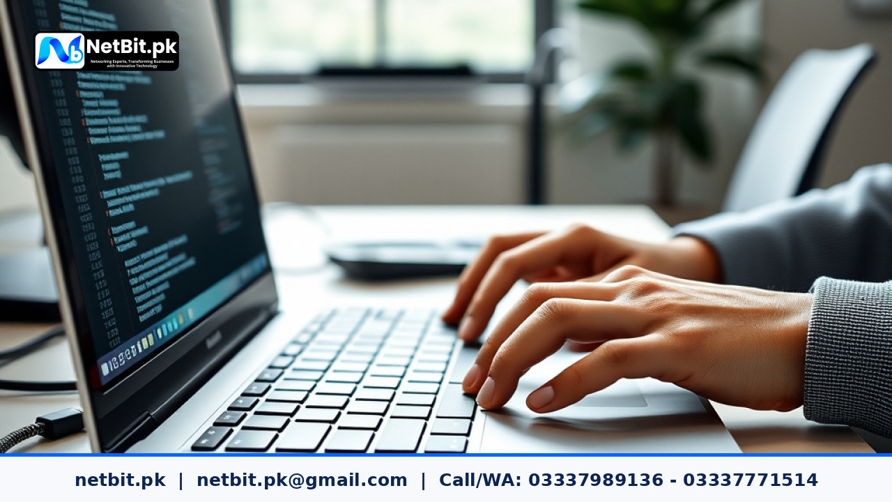 A software engineer configuring server environment settings on an aluminum laptop screen in a modern office workspace.