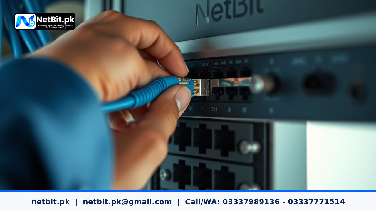 A technician's hands connecting a blue Cat6 cable into a professional network switch in a server rack. | NetBit Software House and Technology | netbit.pk