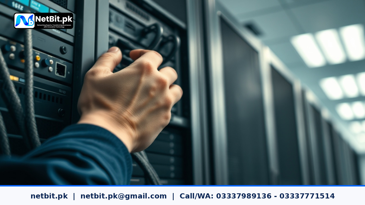 IT technician performing server maintenance in an office server room | NetBit Software House and Technology | netbit.pk