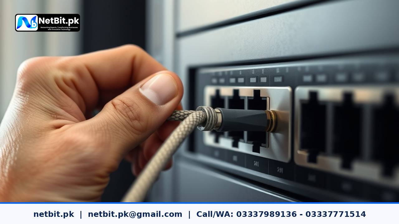 Close-up of a technician's hands adjusting a Cat6 network cable into a switch port in an office server rack.