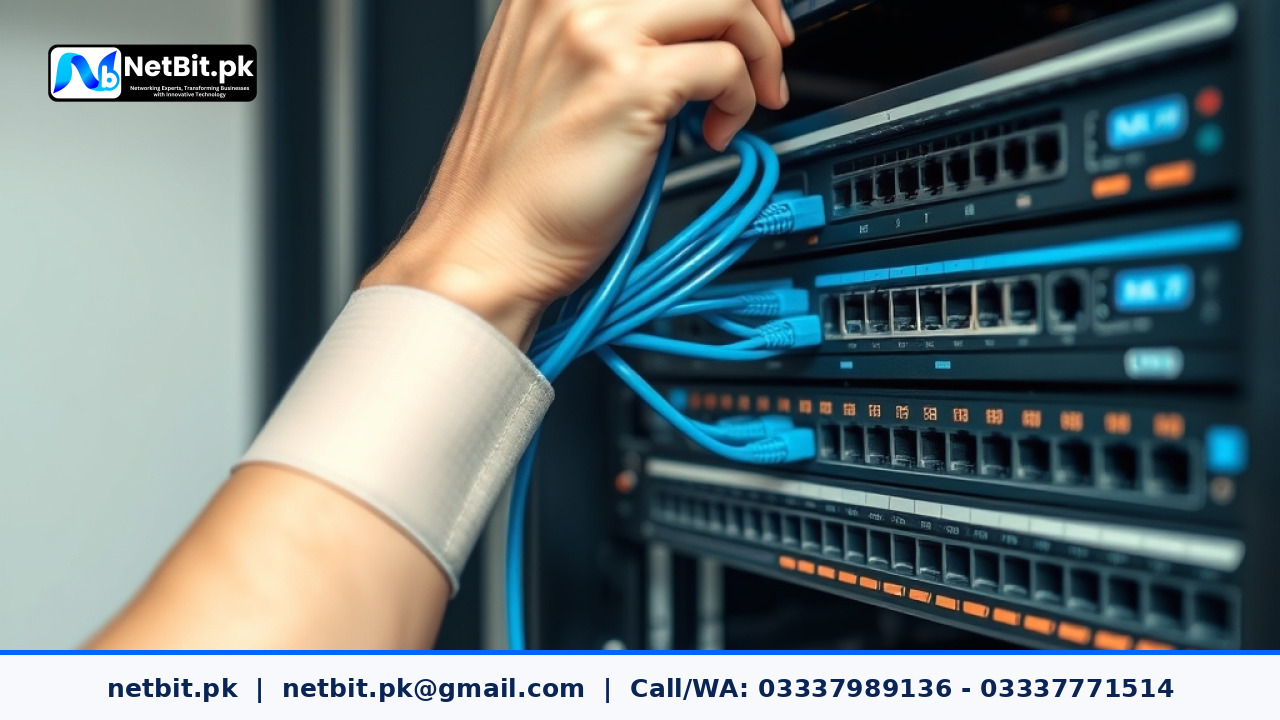 A technician using a console cable to configure a managed network switch in a clean server rack.