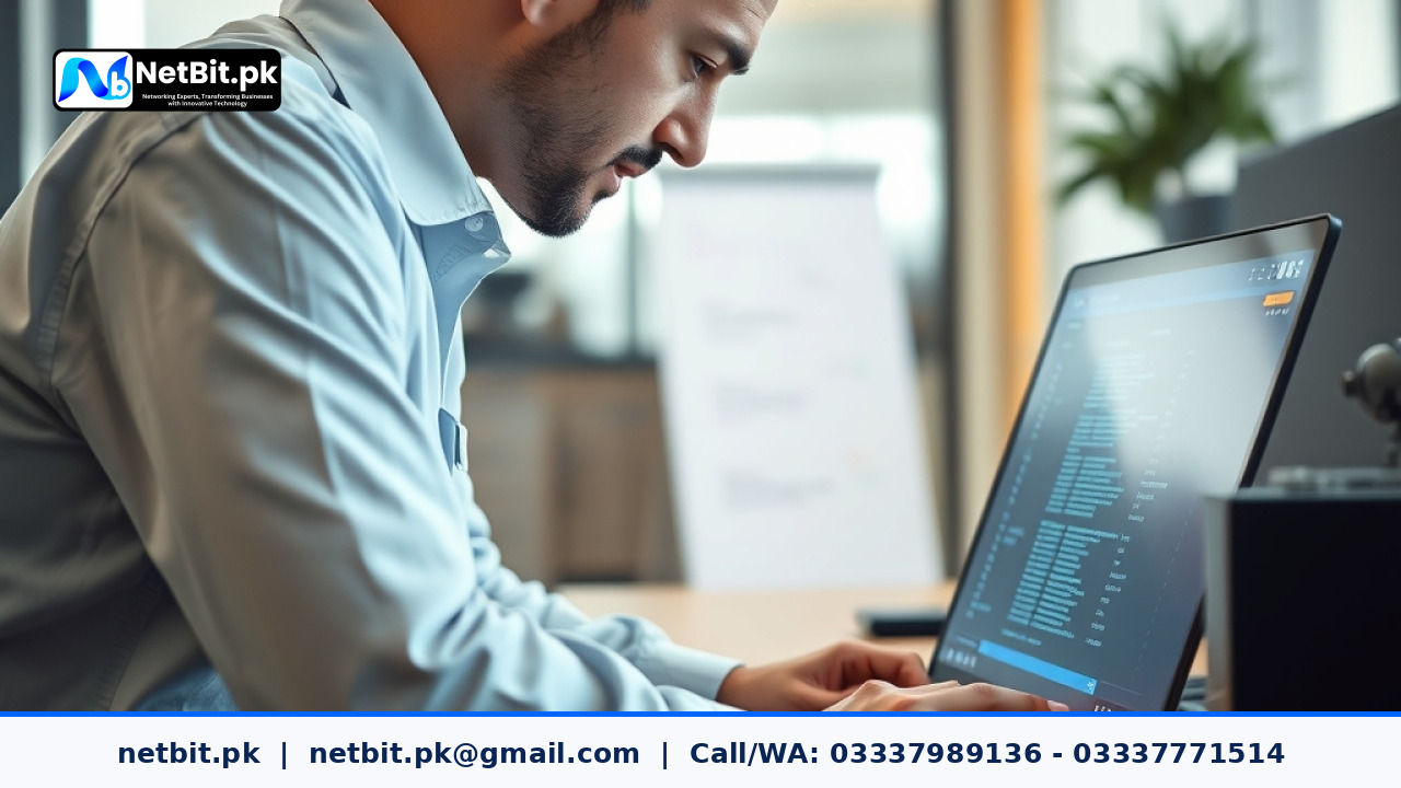 IT technician reviewing server log files and storage metrics on a professional workstation