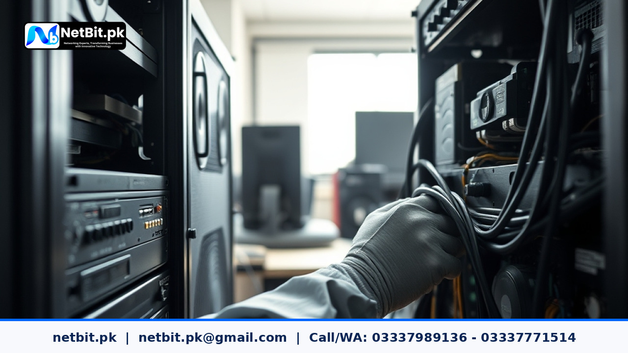Close-up of a technician working on computer hardware in an office | NetBit Software House and Technology | netbit.pk