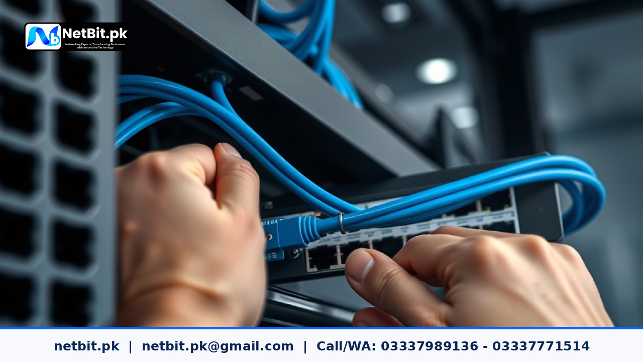 Network technician configuring switch ports in an office server rack | NetBit Software House and Technology | netbit.pk