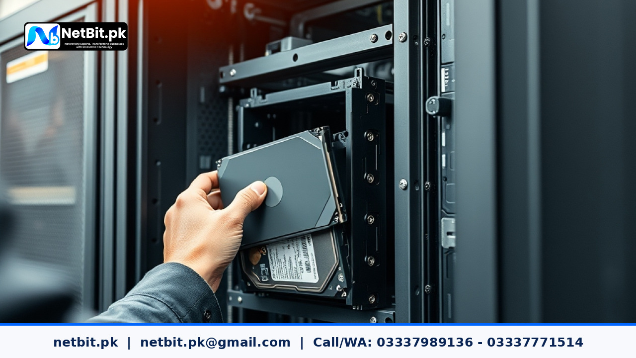 IT technician working on server hardware components in an office rack | NetBit Software House and Technology | netbit.pk
