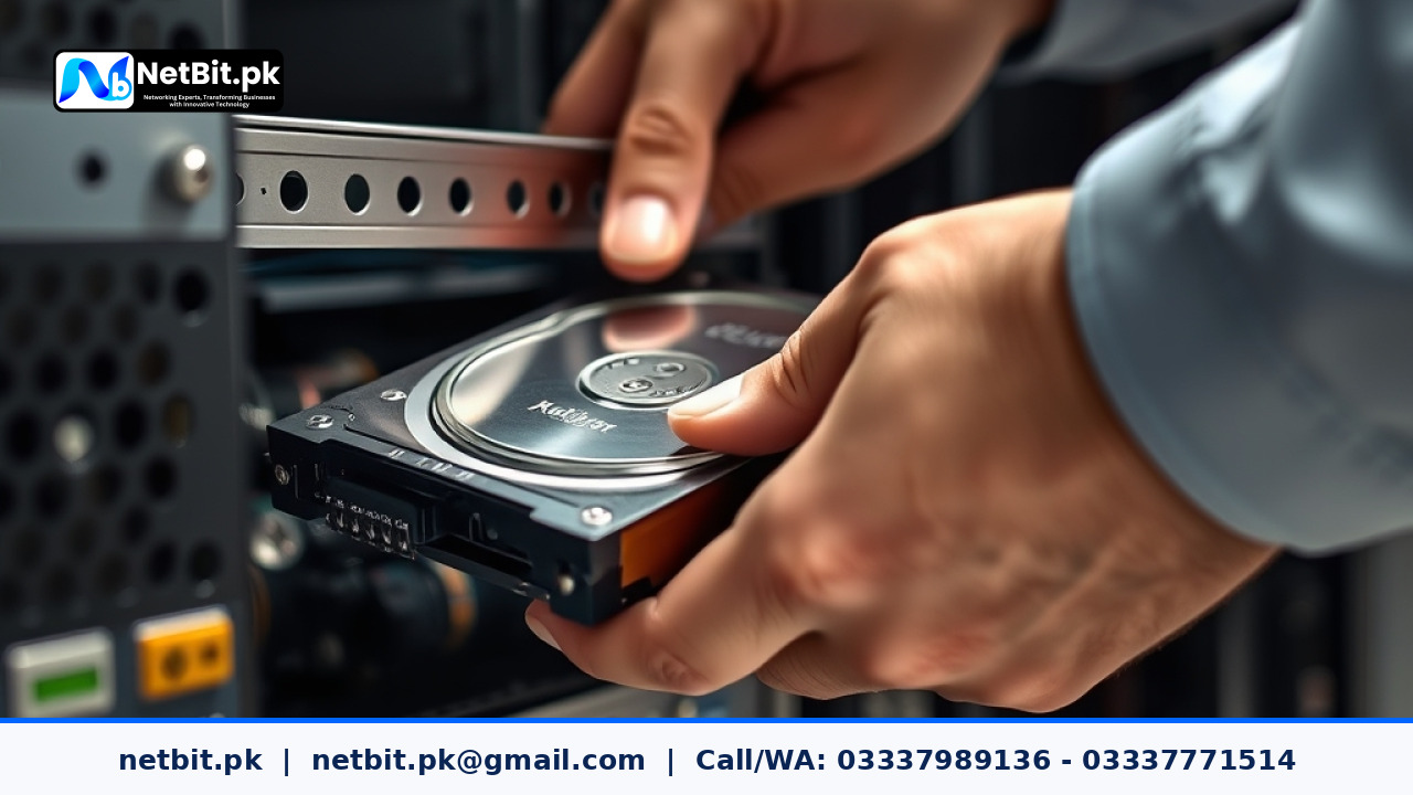 A technician carefully installing enterprise-grade hard drives into a server rack for a business network. | NetBit Software House and Technology | netbit.pk