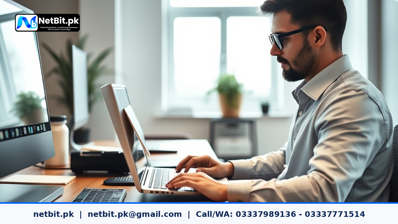 IT professionals reviewing project plans and risk logs in an office | NetBit Software House and Technology | netbit.pk