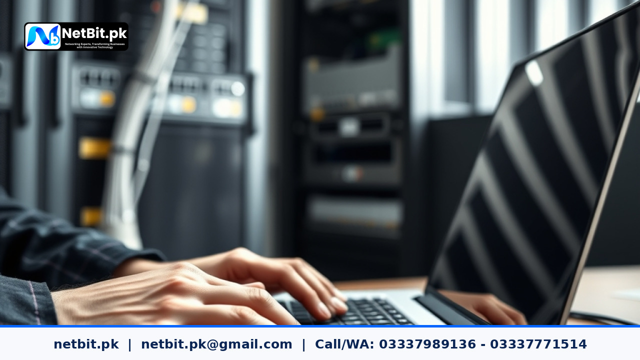 A software developer working on a laptop with server racks in the blurred background. | NetBit Software House and Technology | netbit.pk
