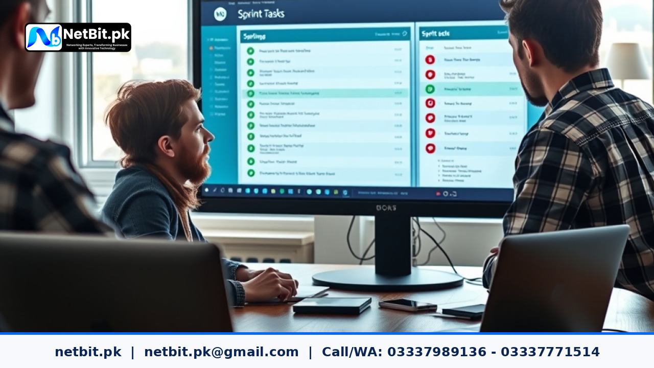 IT team collaborating on software project planning during a sprint retrospective in an office | NetBit Software House and Technology | netbit.pk