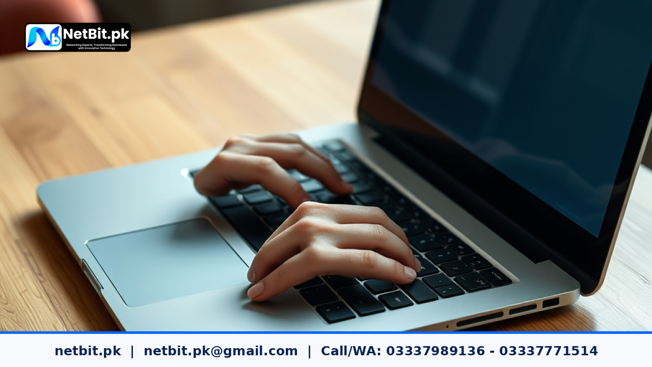 Close-up of hands working on an aluminum laptop keyboard in a well-lit office