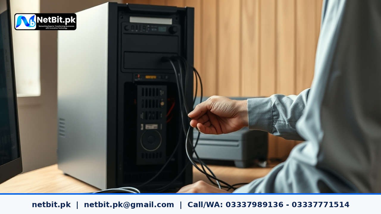 Technician reviewing system performance on an office workstation