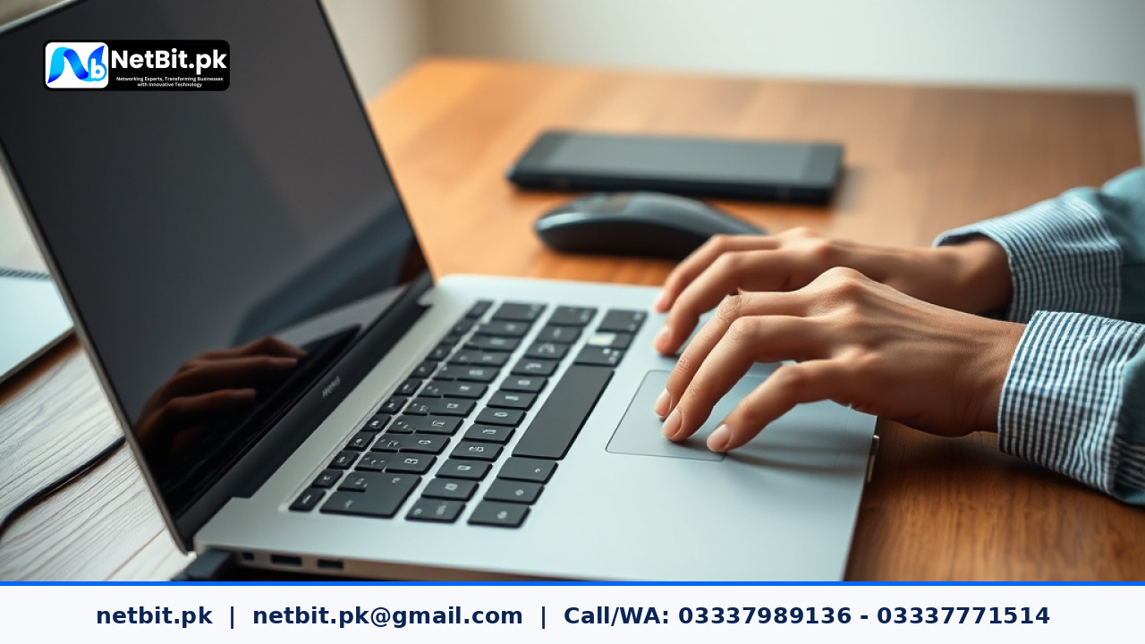 Close-up of hands typing on a modern office computer keyboard with clean desk setup | NetBit Software House and Technology | netbit.pk