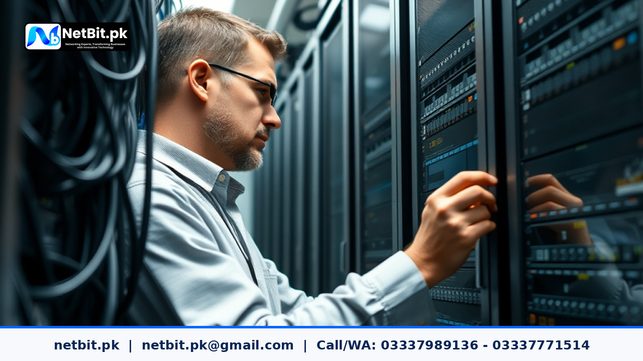 Server rack management and cooling setup in a professional server room | NetBit Software House and Technology | netbit.pk