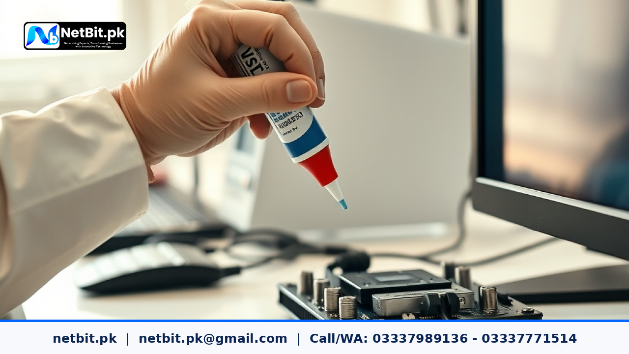 Technician applying thermal paste to computer processor | NetBit Software House and Technology | netbit.pk
