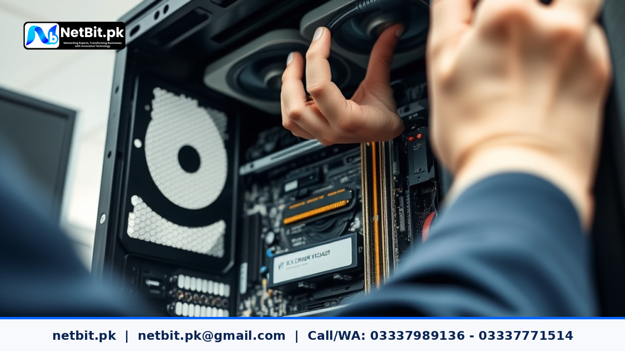 A close-up of a technician's hands working on a computer motherboard in a clean office environment.