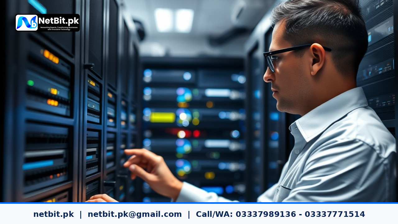 Professional network engineer configuring managed switches and routers in a clean modern server room