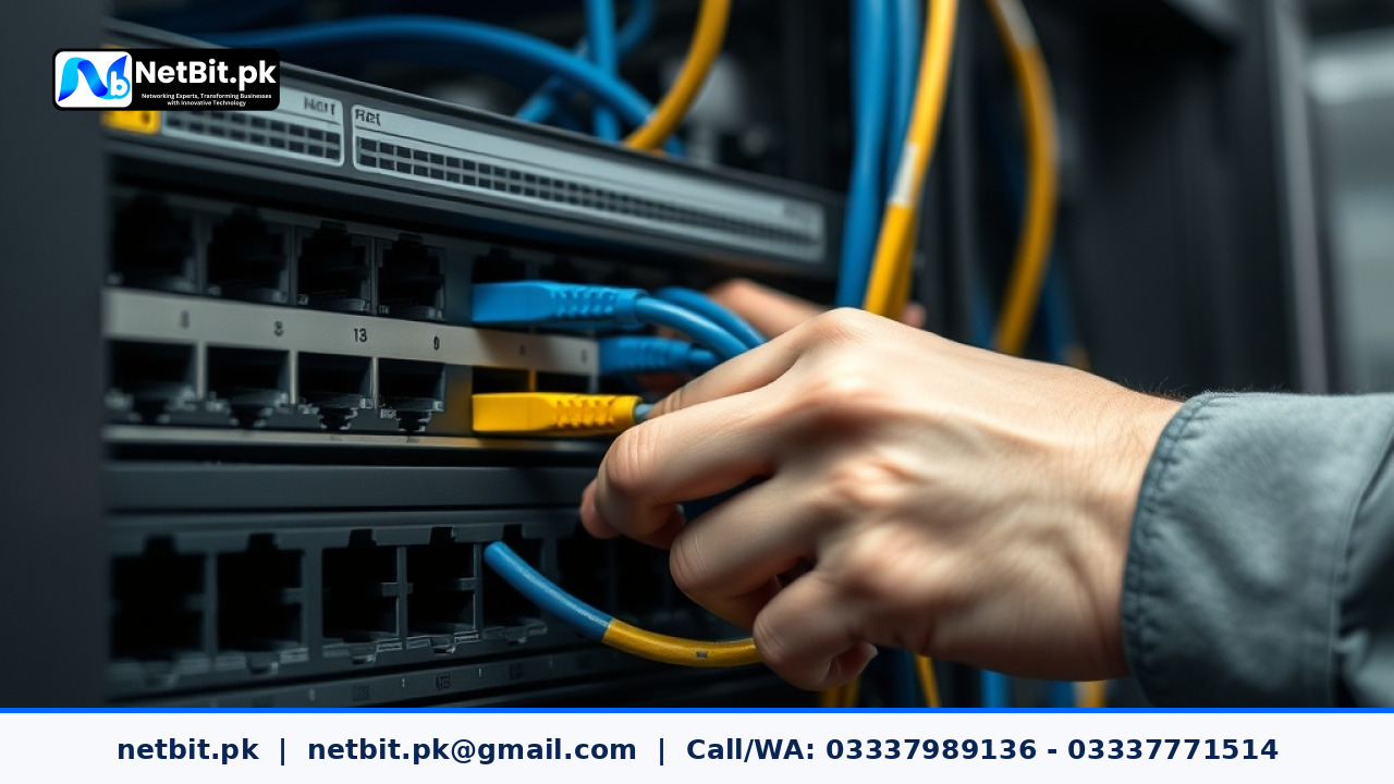 Close-up of network switch ports and patch cables in an office rack | NetBit Software House and Technology | netbit.pk