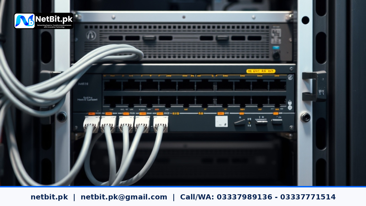 A professional network switch connected with organized blue Cat6 cables inside a modern office server rack