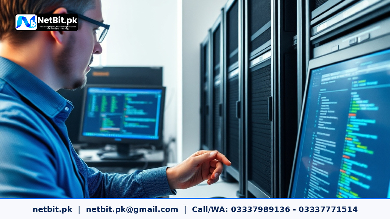 IT technician reviewing server port configurations on an office workstation | NetBit Software House and Technology | netbit.pk