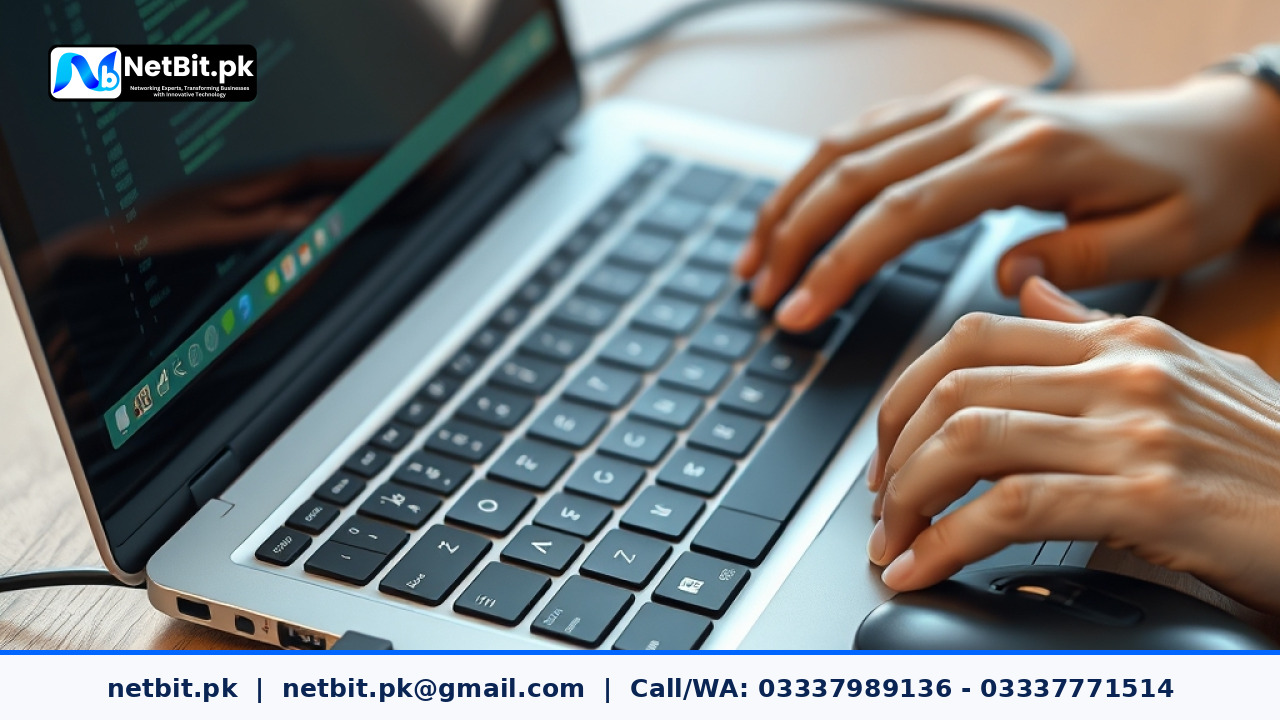 Close-up of a technician testing network speeds on an office laptop | NetBit Software House and Technology | netbit.pk