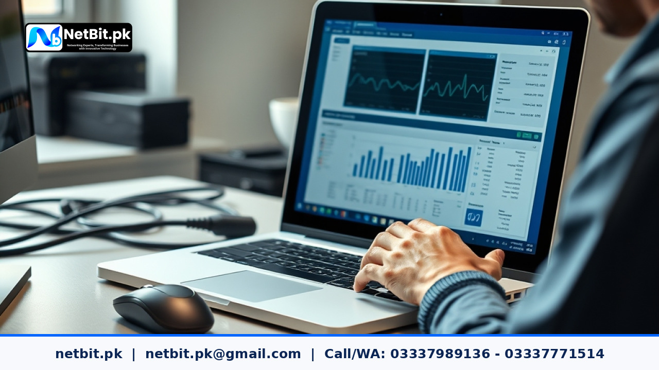 Network technician analyzing speed test results on a laptop in an office setting | NetBit Software House and Technology | netbit.pk