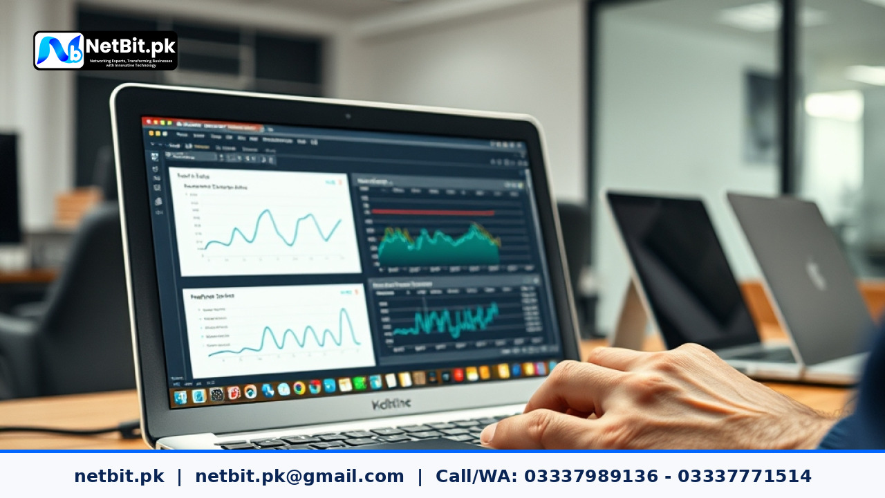 Network technician analyzing internet speed test diagnostics on an office laptop | NetBit Software House and Technology | netbit.pk